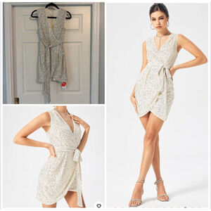 New Women's Cider Dress Size S Silver Beige Sequin Wrap Mini Party